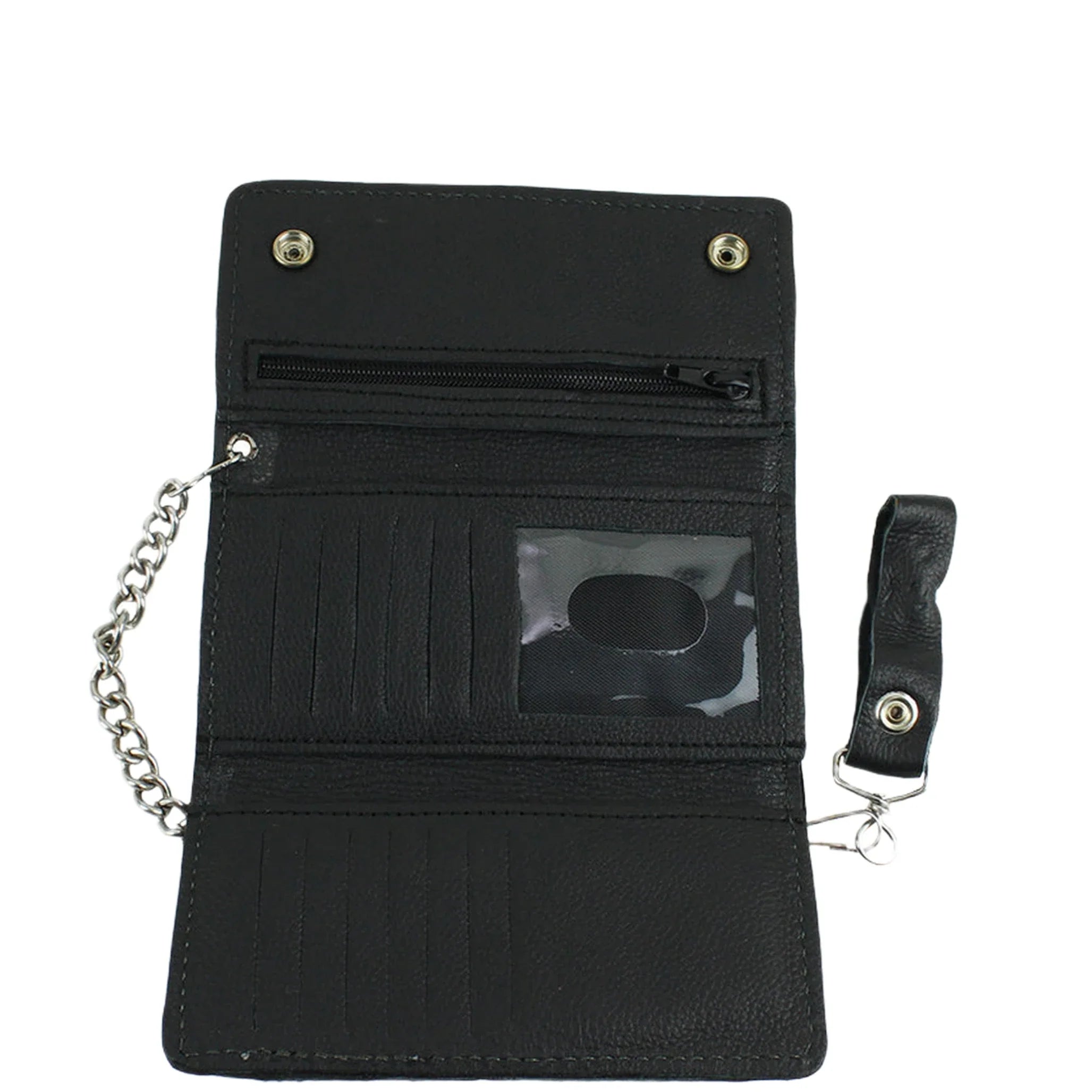 Motorcycle Black Naked Cowhide Wallet Tri Fold Leather Biker Chain Snap Closure