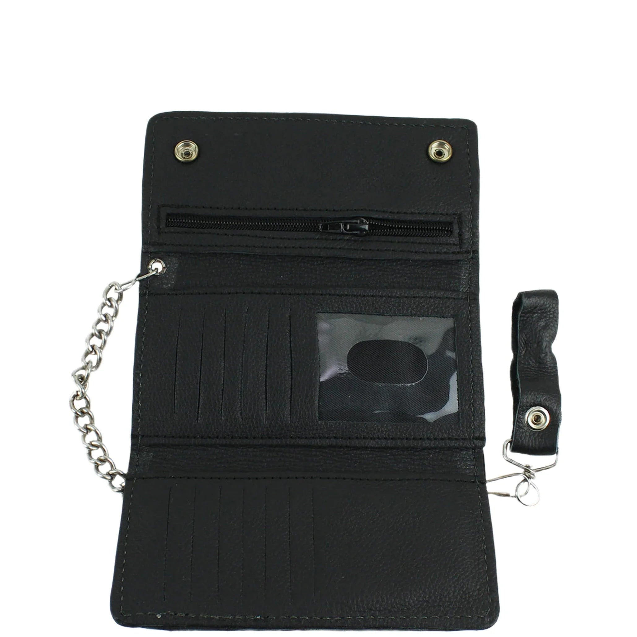 Motorcycle Black Naked Cowhide Wallet Tri Fold Leather Biker Chain Snap Closure