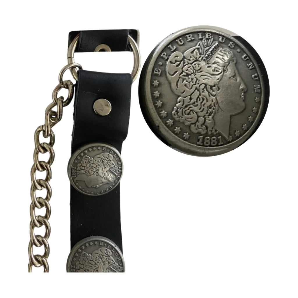 Biker Boot Chains Dream Apparel Black Leather 1881 Morgan Dollar Coin Accent