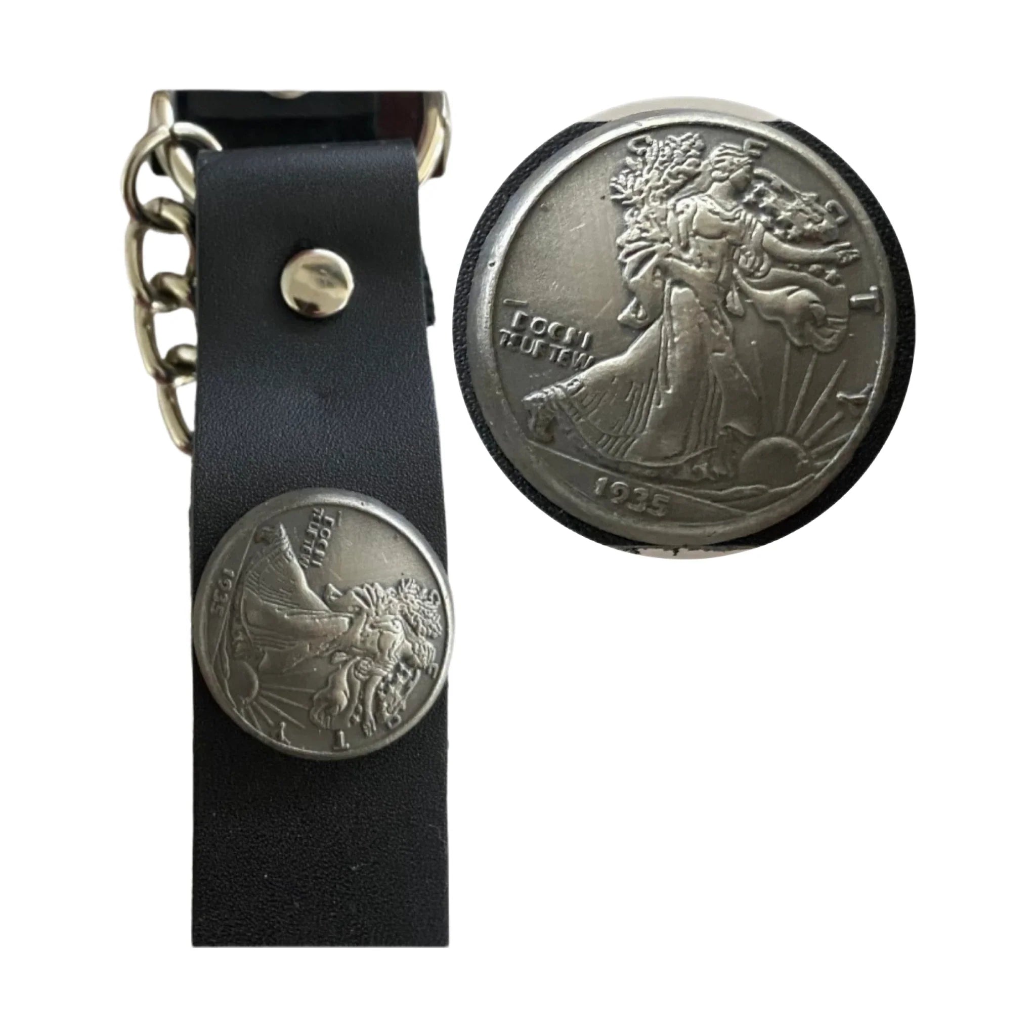 Dream Apparel  Black Leather Biker Boot Chains with 1935 Walking Liberty Half Dollar Coin Replica