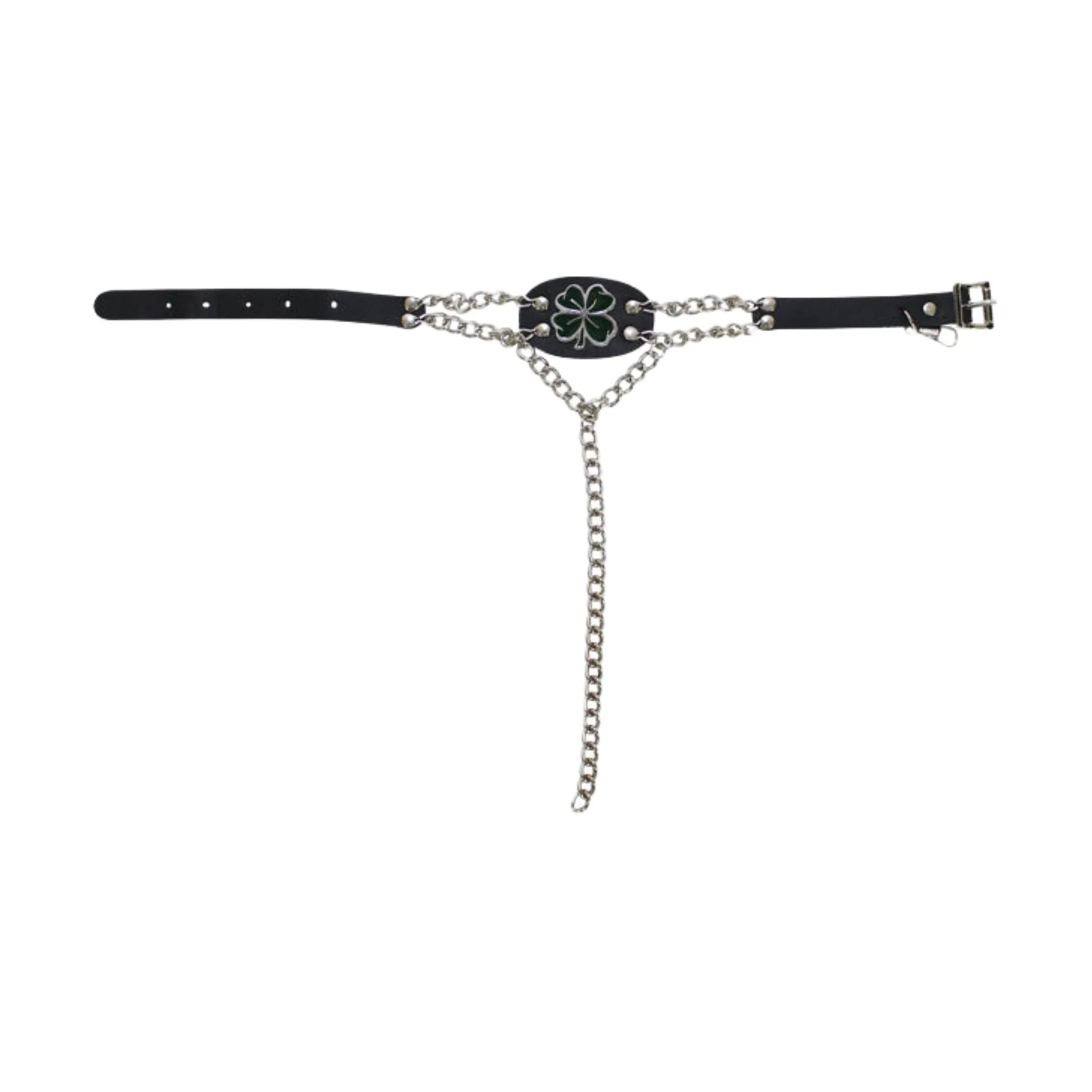 4 Leaf Clover Boot Chain Dark Green PVC Belt Chrome Stylish Biker Accessory