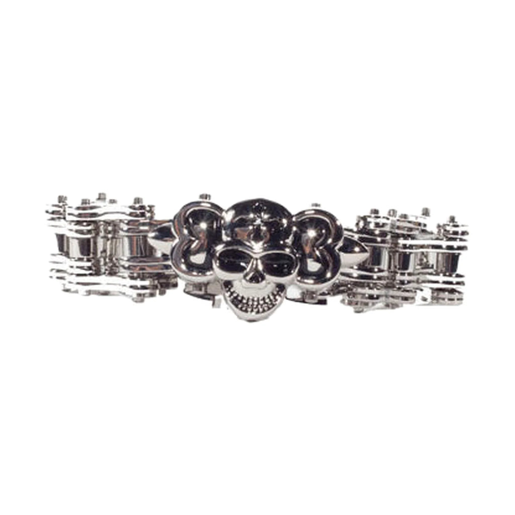 Stainless Steel Bracelet Skull Centerpiece Fold Clasp Polished 1 Inch Wide