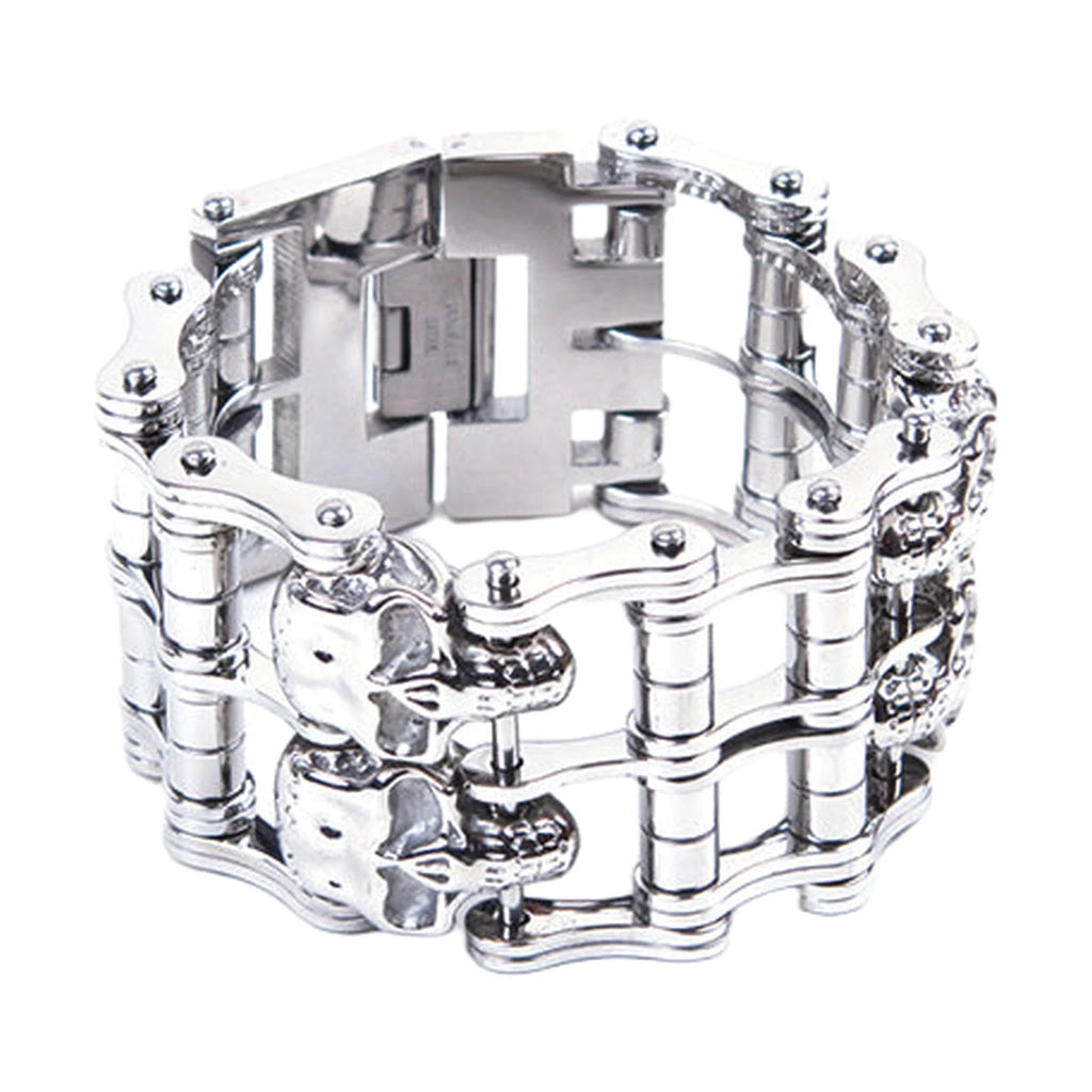 Wide Stainless Steel Chain Bracelet With Double Skulls