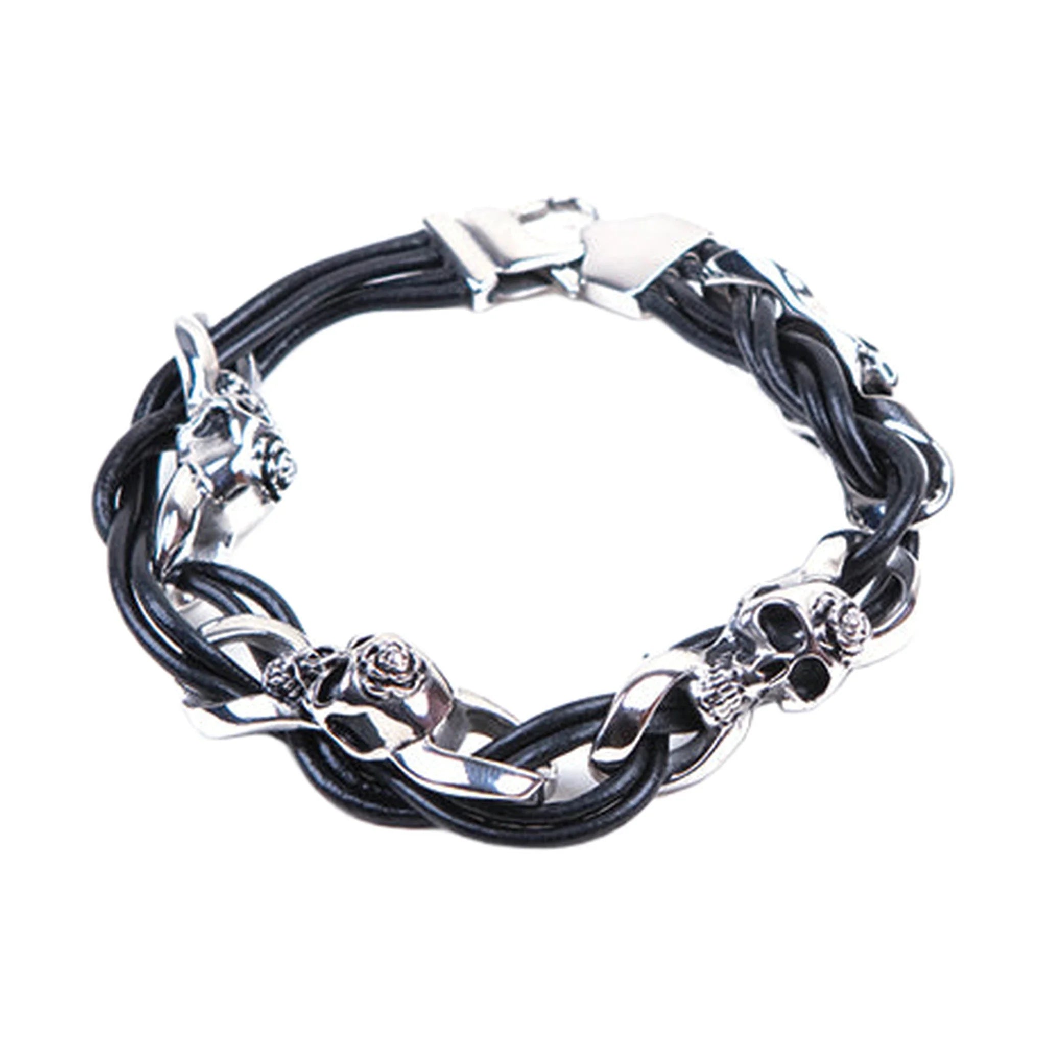 Stainless Steel Bracelet Steel Skulls Rose Leather Lace 1/2 Inch Wide Lobster Clasp