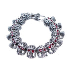 Stainless Steel Motorcycle Bracelet With Flaming Skulls & Ruby Eyes