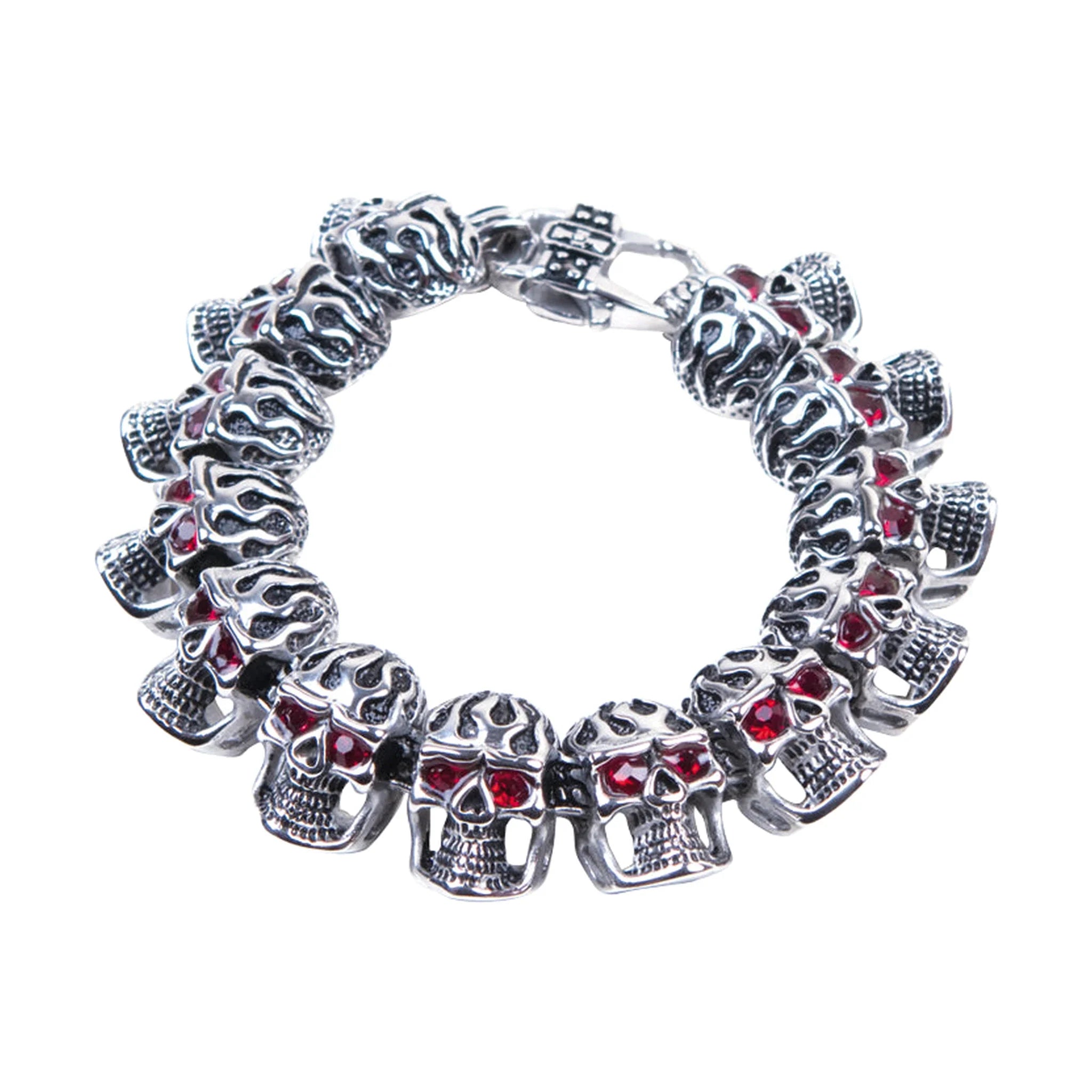 Stainless Steel Motorcycle Bracelet With Flaming Skulls & Ruby Eyes