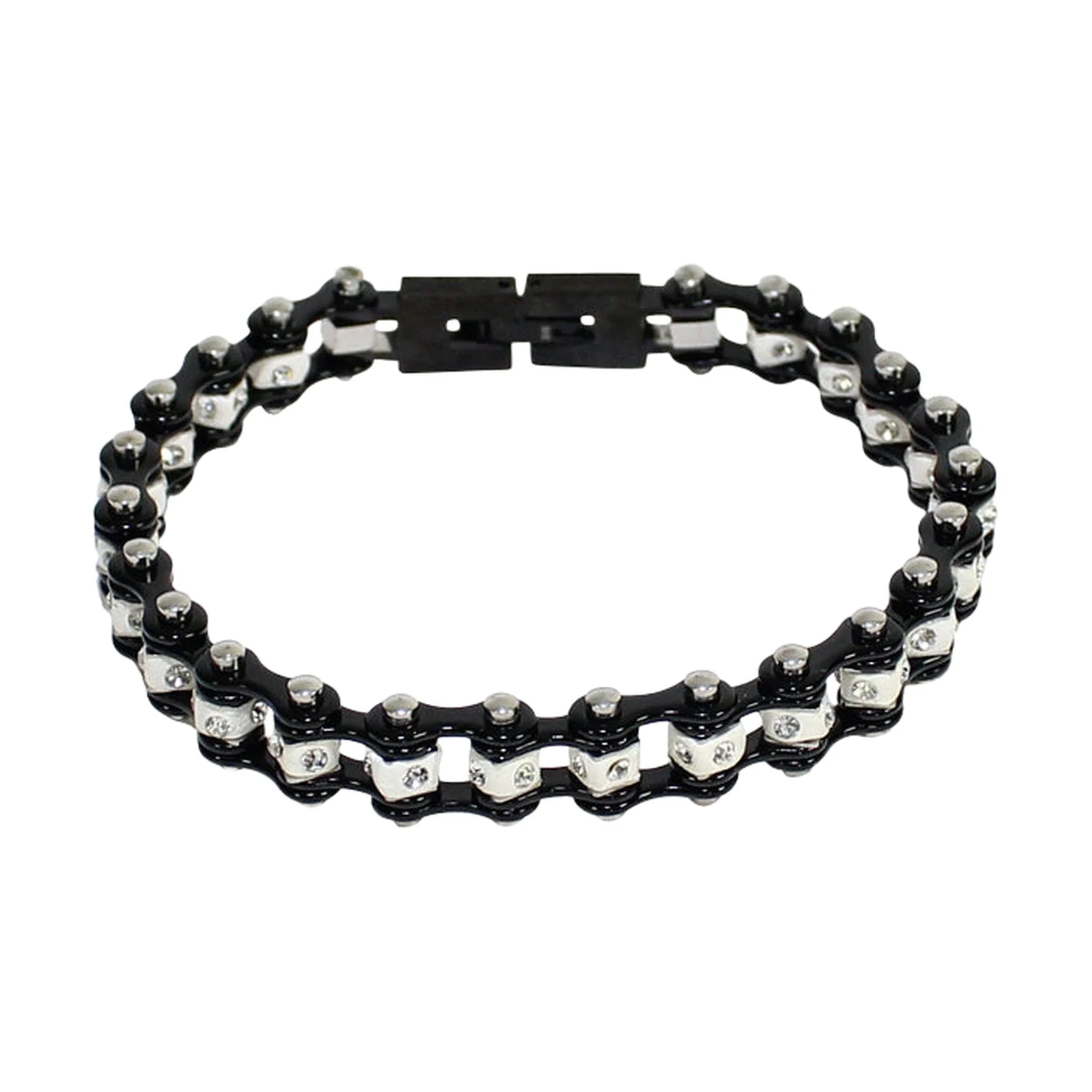 Black On Black Squared Motorcycle Bracelet Clear Gemstones Adjustable