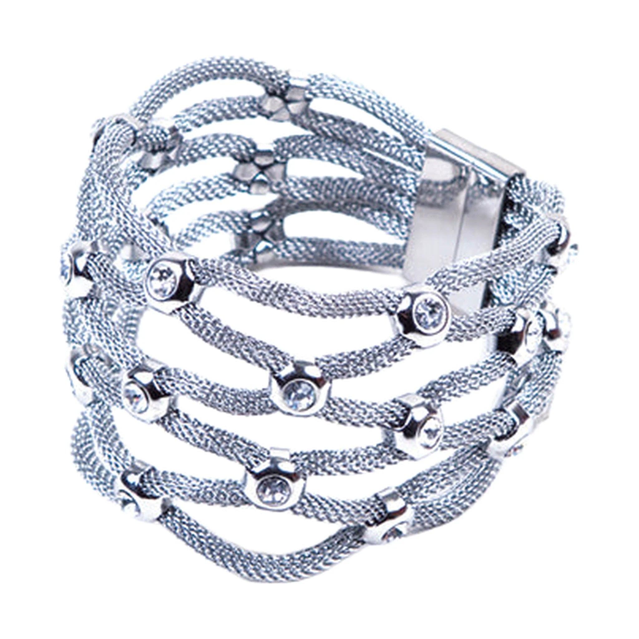 Womens Stainless Steel Mesh Bracelet With Stones & Magnetic Closure