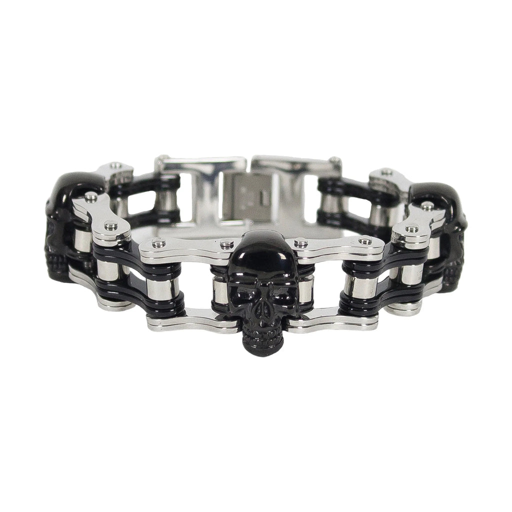 Chrome and Black Motorcycle Chain Bracelet with Black Skulls