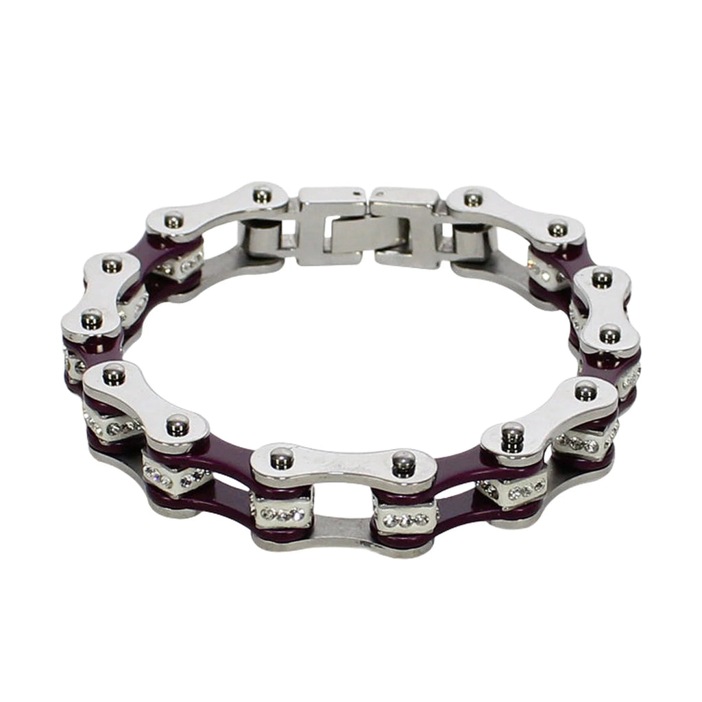 Motorcycle Bracelet Chrome Purple White Squared Links Clear Gemstones Multiple Sizes