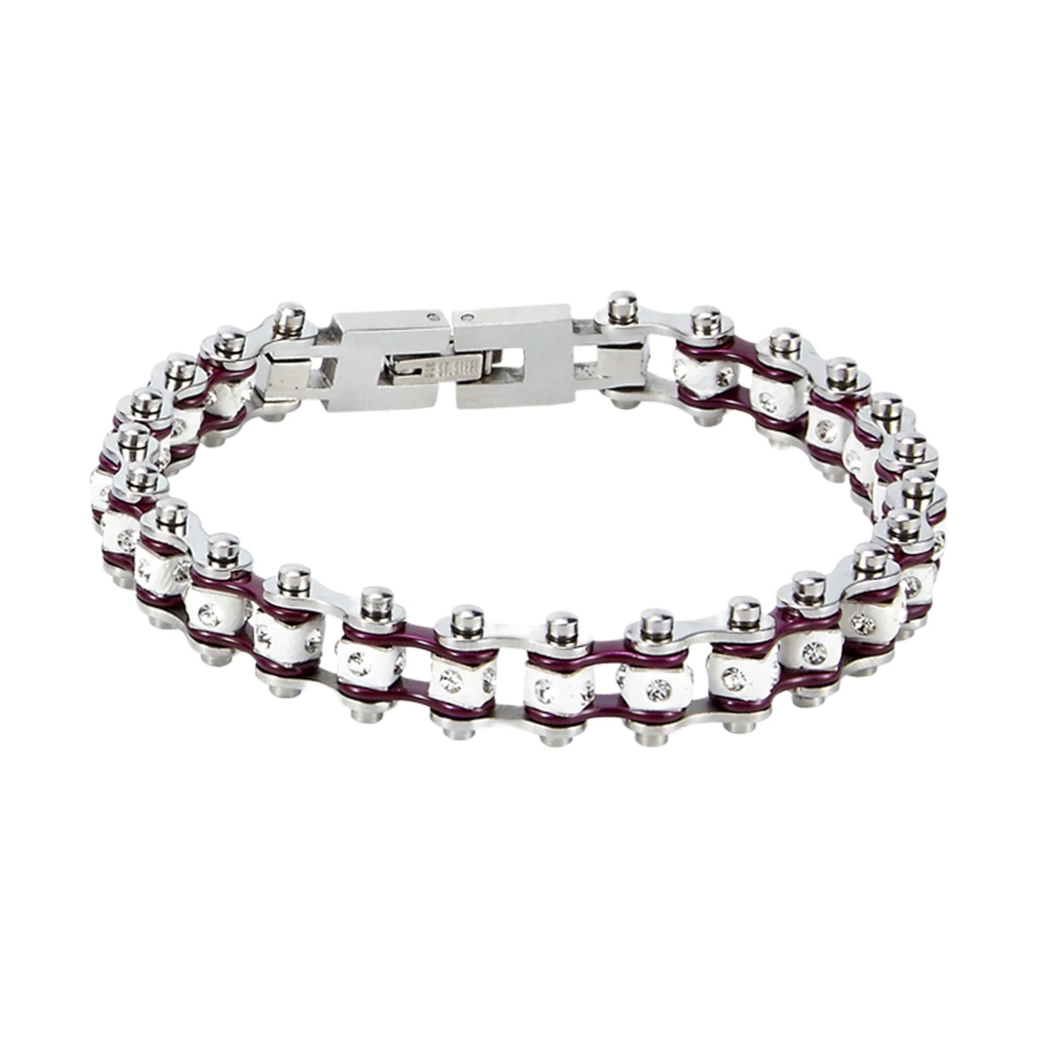 Motorcycle Bracelet Chrome Purple White Squared Links Clear Gemstones Multiple Sizes