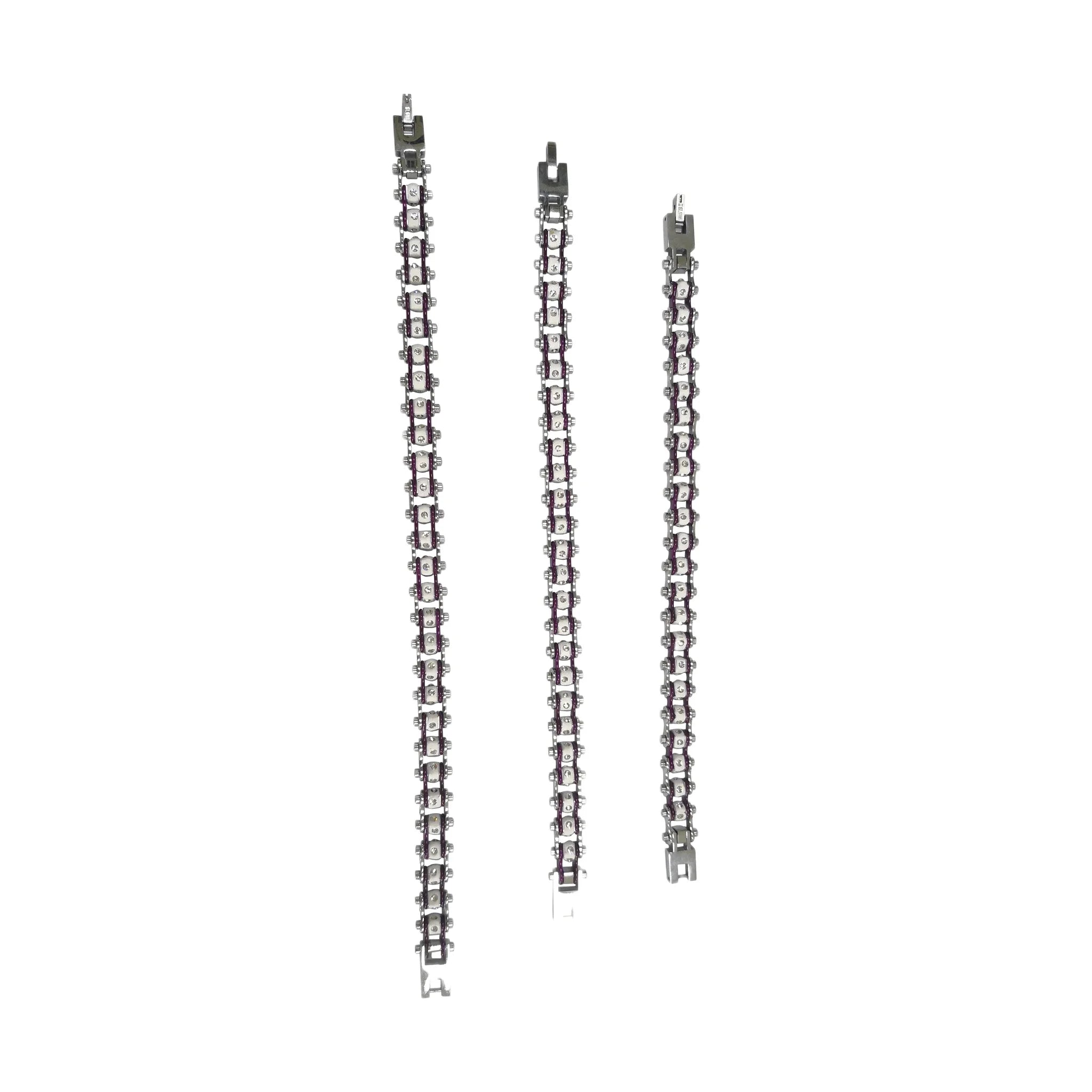 Motorcycle Bracelet Chrome Purple White Squared Links Clear Gemstones Multiple Sizes