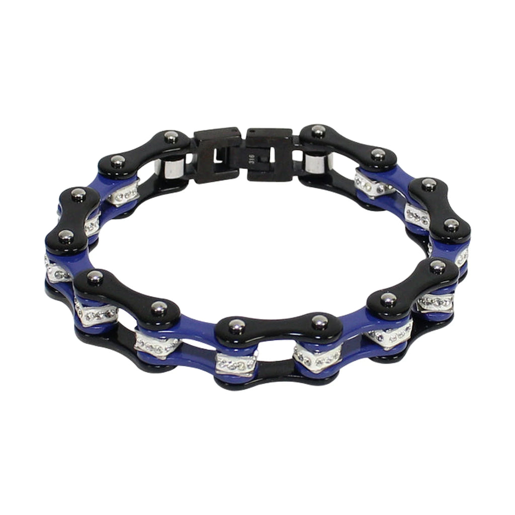 Black And Blue Squared Motorcycle Bracelet With Clear Gemstones