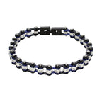 Black Chrome and Blue Squared Motorcycle Bracelet With Clear Gemstones