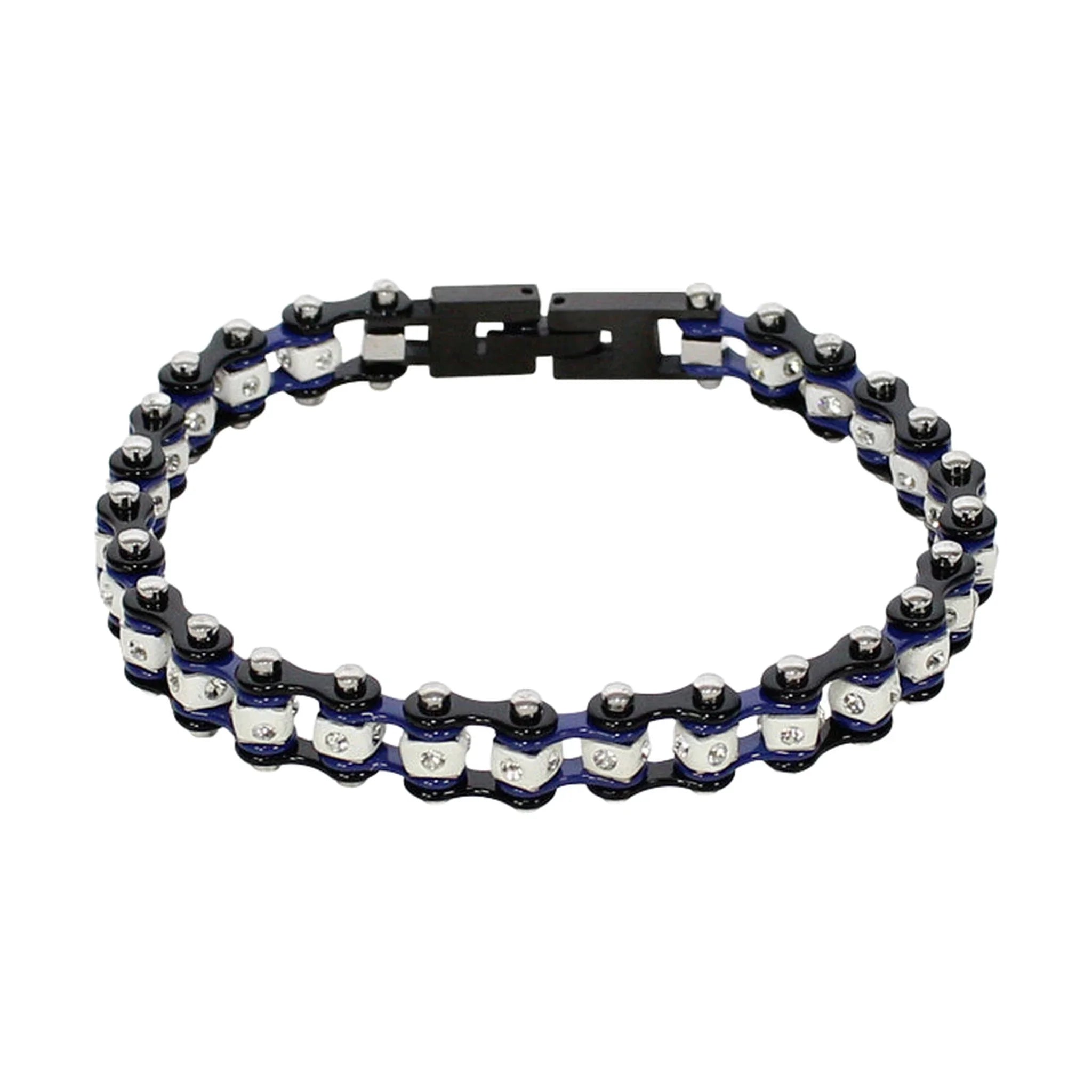 Black Blue Squared Motorcycle Bracelet Clear Gemstones Multiple Sizes