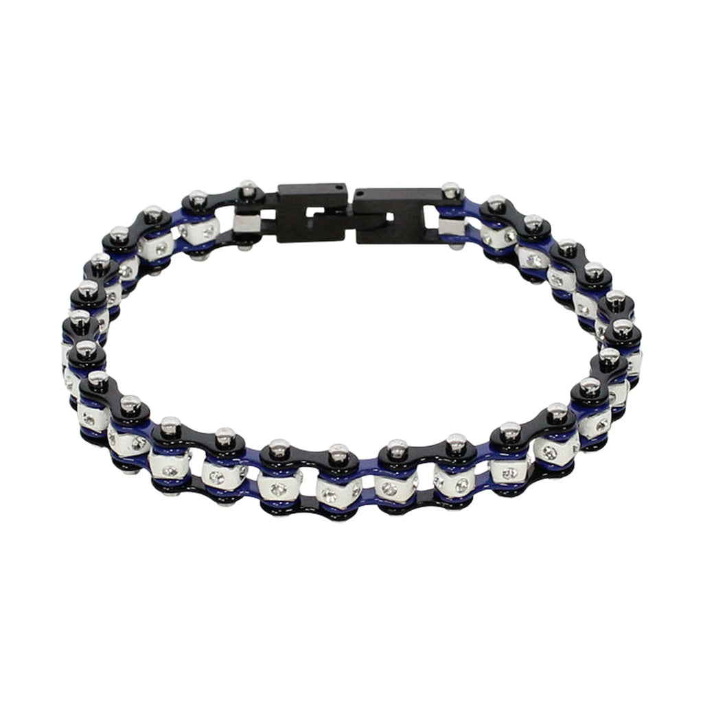 Black Chrome Blue Squared Bracelet Clear Gemstones Adjustable Clasp S M L