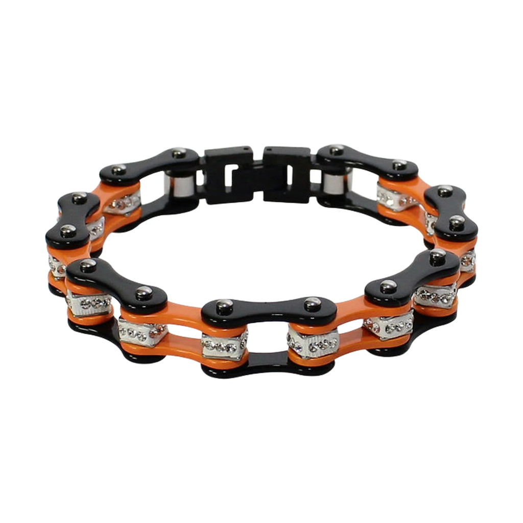 Large Black Orange Motorcycle Chain Bracelet with Clear Gemstones Multiple Sizes