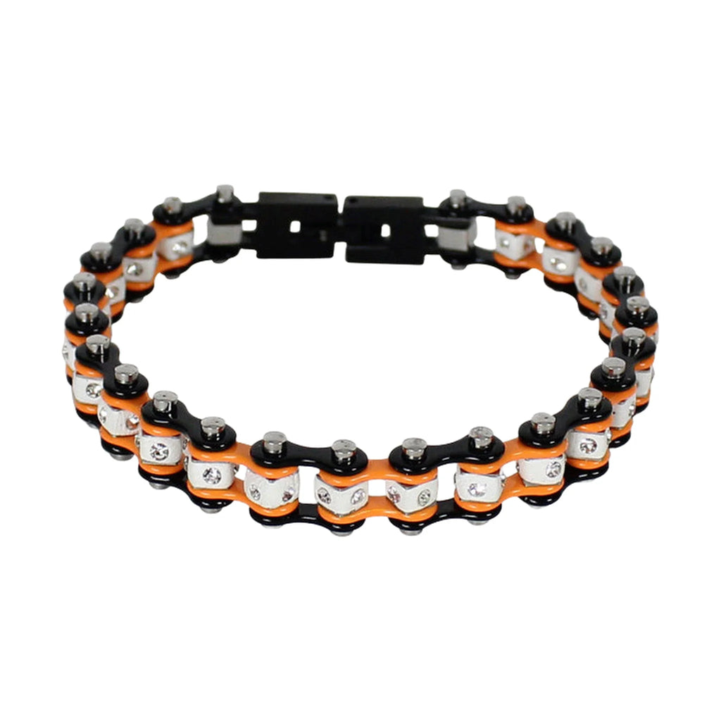 Black And Orange Squared Motorcycle Bracelet W/ Clear Gemstones