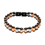 Large Black Orange Motorcycle Chain Bracelet with Clear Gemstones Multiple Sizes