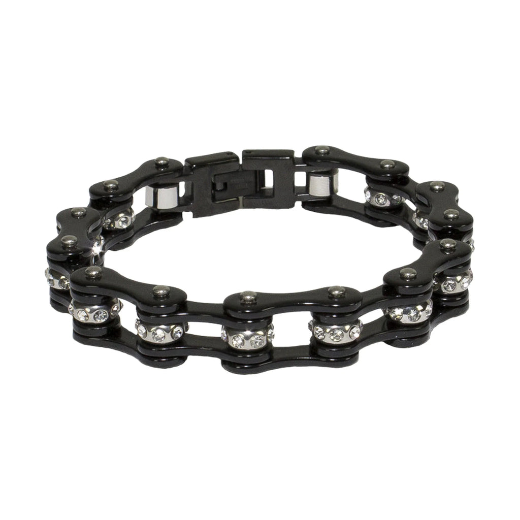 Black On Black Squared Motorcycle Bracelet Clear Gemstones Adjustable