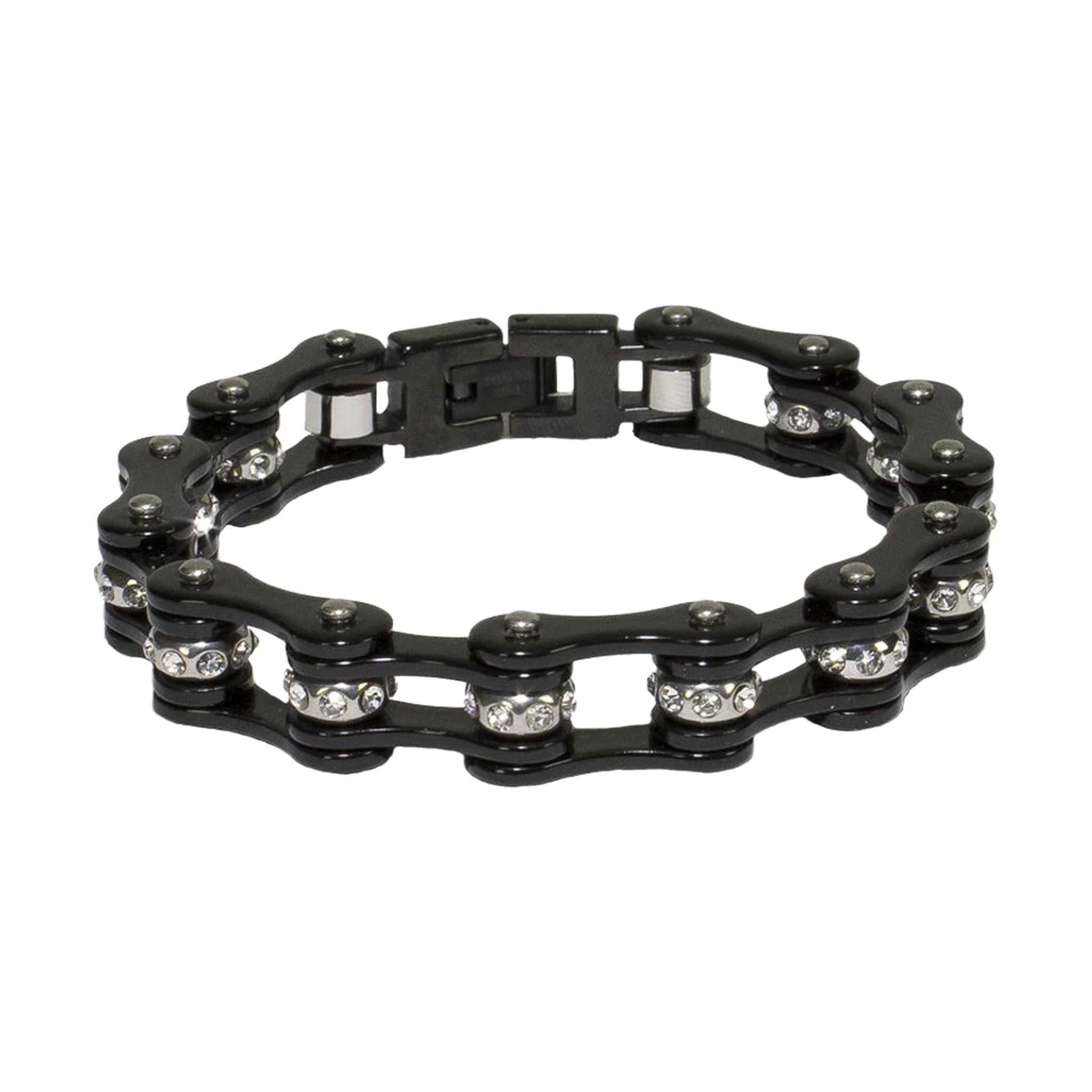 Black On Black Squared Motorcycle Bracelet Clear Gemstones Adjustable