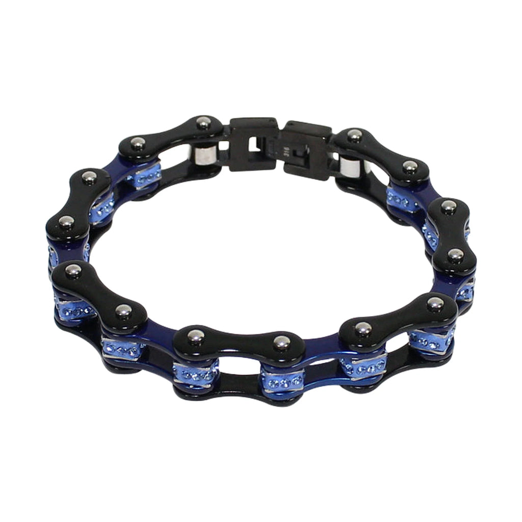 Black On Black Blue Squared Motorcycle Bracelet Blue Gemstones Multiple Sizes