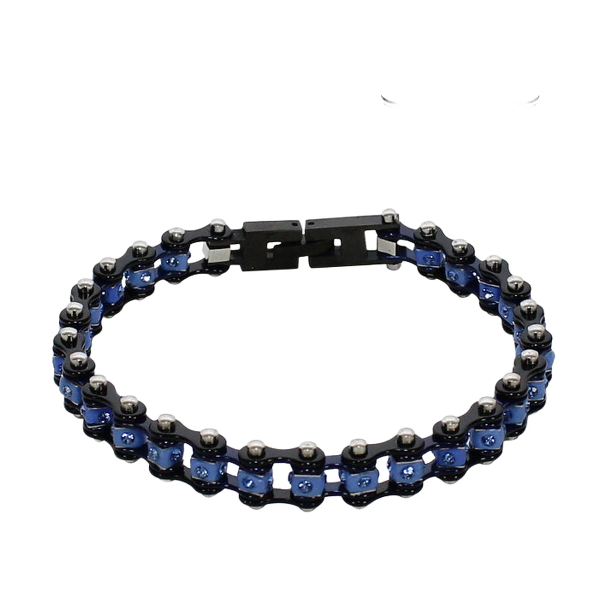 Black Chrome and Blue Squared Motorcycle Bracelet With Blue Gemstones