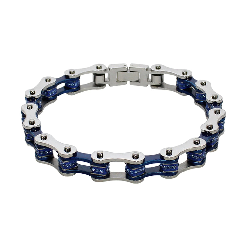 Chrome and Blue Squared Motorcycle Bracelet With Blue Gemstones