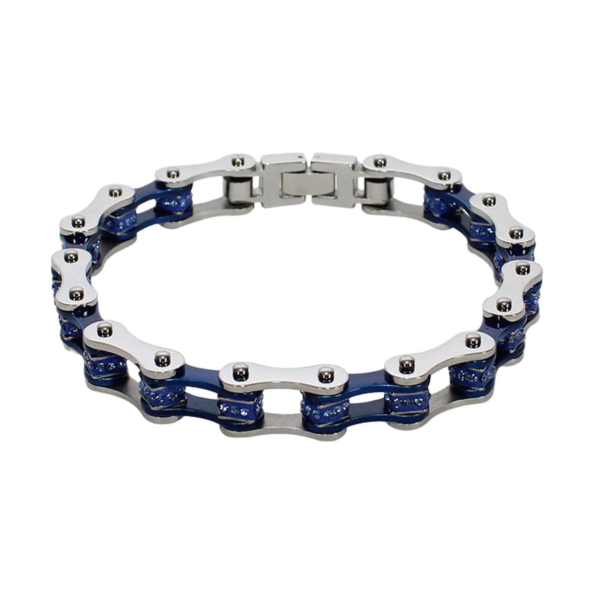 Chrome and Blue Squared Motorcycle Bracelet With Blue Gemstones