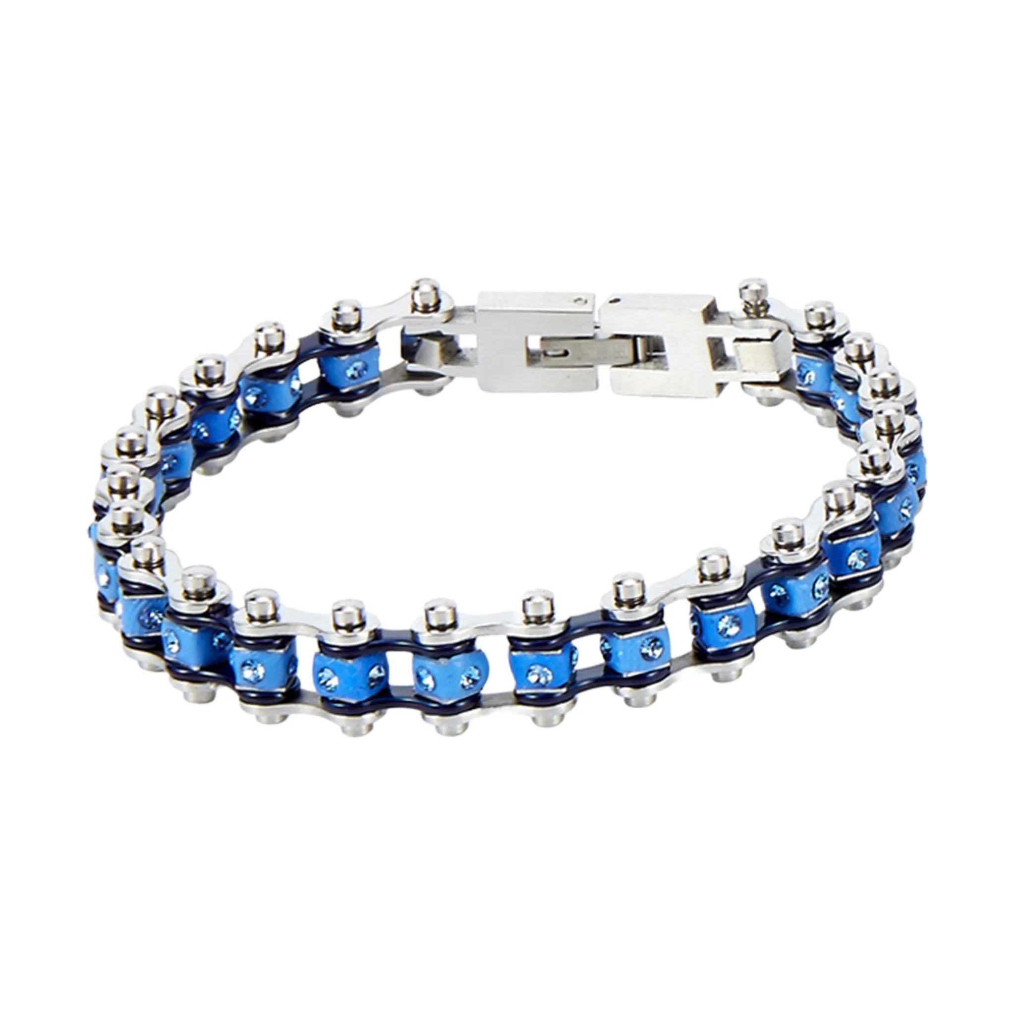 Chrome and Blue Squared Motorcycle Bracelet Blue Gemstones Multiple Sizes
