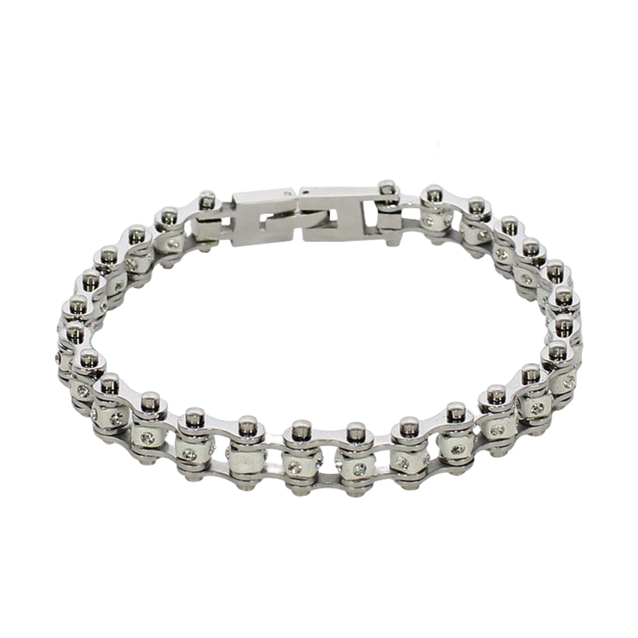 Chrome Plated White Squared Motorcycle Bracelet Clear Gemstones Adjustable S M L