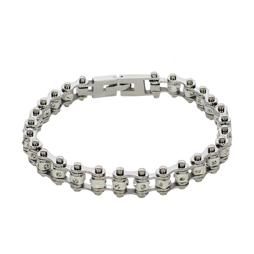 Chrome Plated And White Squared Motorcycle Bracelet With Clear Gemstones