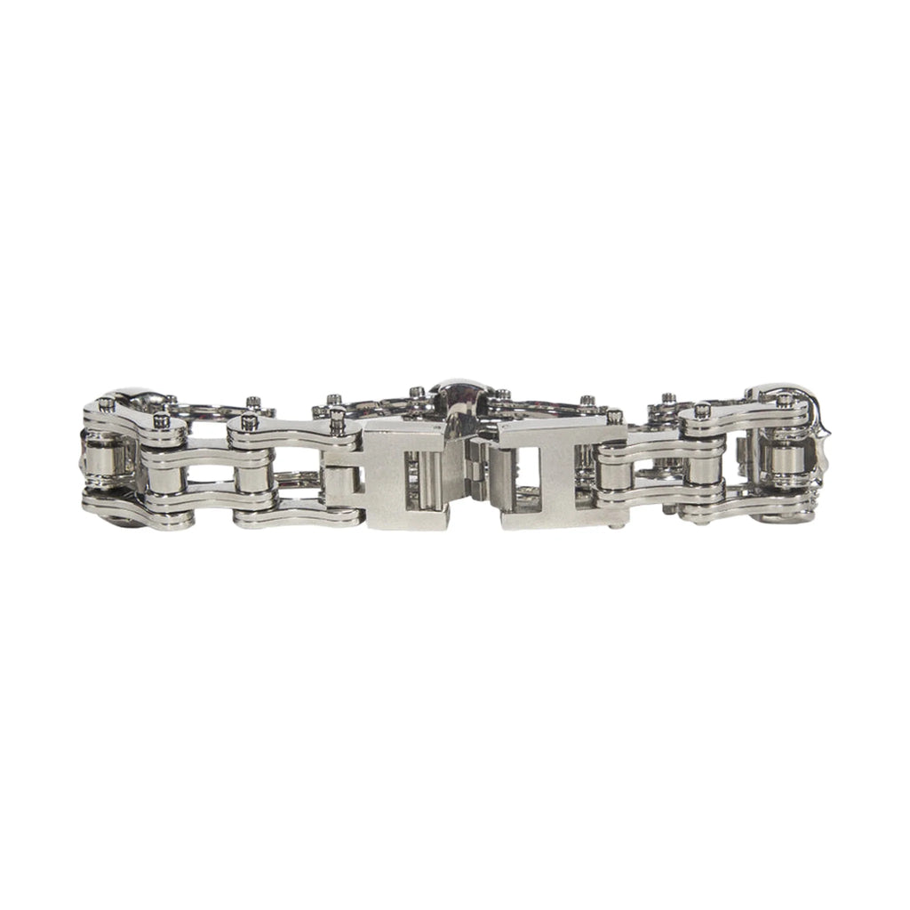 Stainless Steel Biker Bracelet Three Medium Skulls Polished Fold Clasp Multiple Sizes