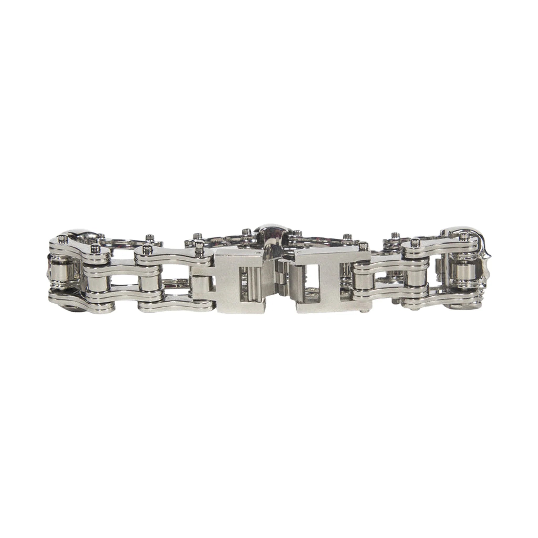 Stainless Steel Biker Bracelet Three Medium Skulls Polished Fold Clasp Multiple Sizes