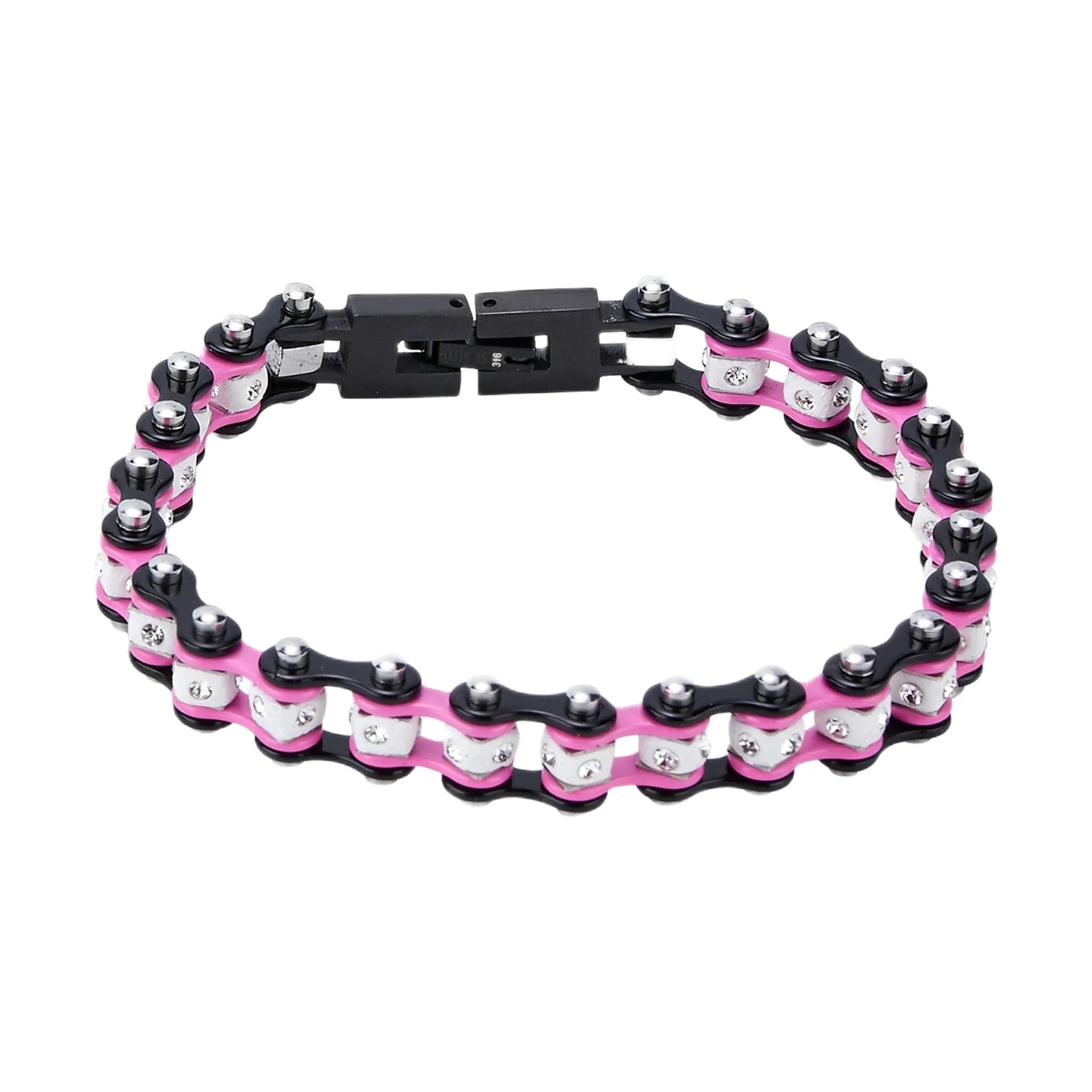 Black Pink Squared Motorcycle Bracelet Clear Gemstones Adjustable Clasp