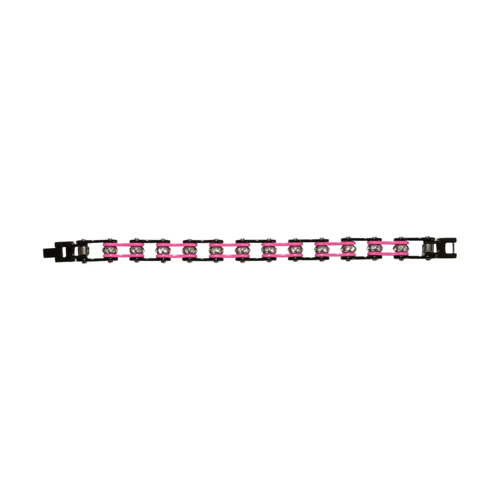 Motorcycle Chain Bracelet Black Pink Gemstone Chrome Clasp Multiple Sizes