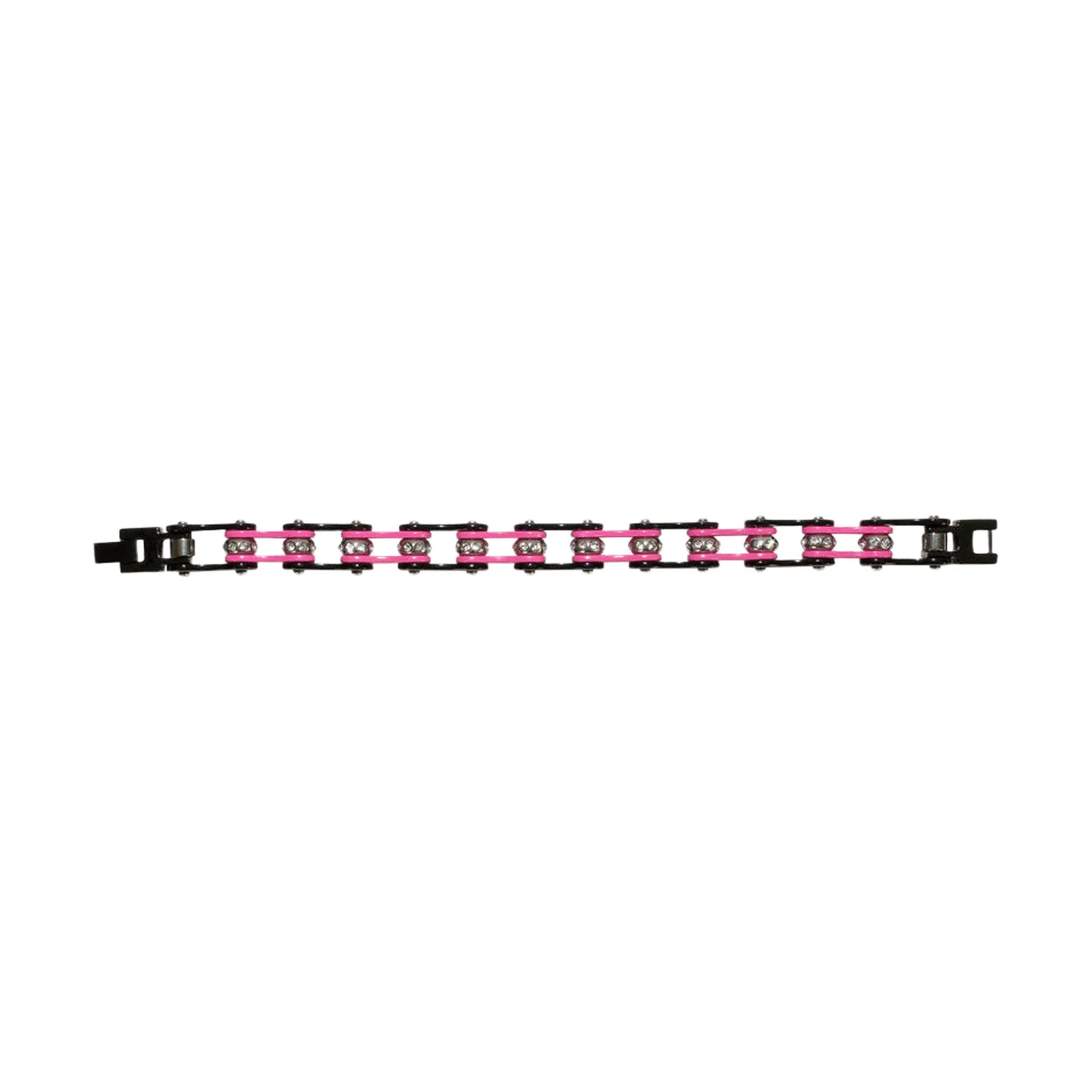 Motorcycle Chain Bracelet Black Pink Gemstone Chrome Clasp Multiple Sizes