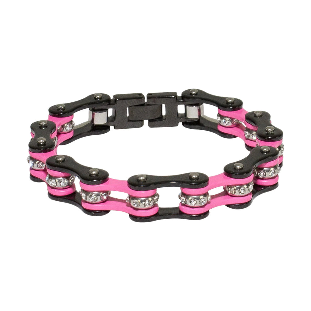 Motorcycle Chain Bracelet Black Pink Gemstone Chrome Clasp Multiple Sizes