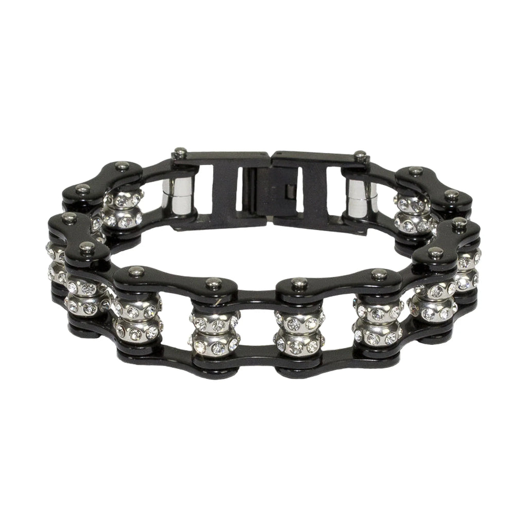 Black Motorcycle Chain Bracelet with Gemstones