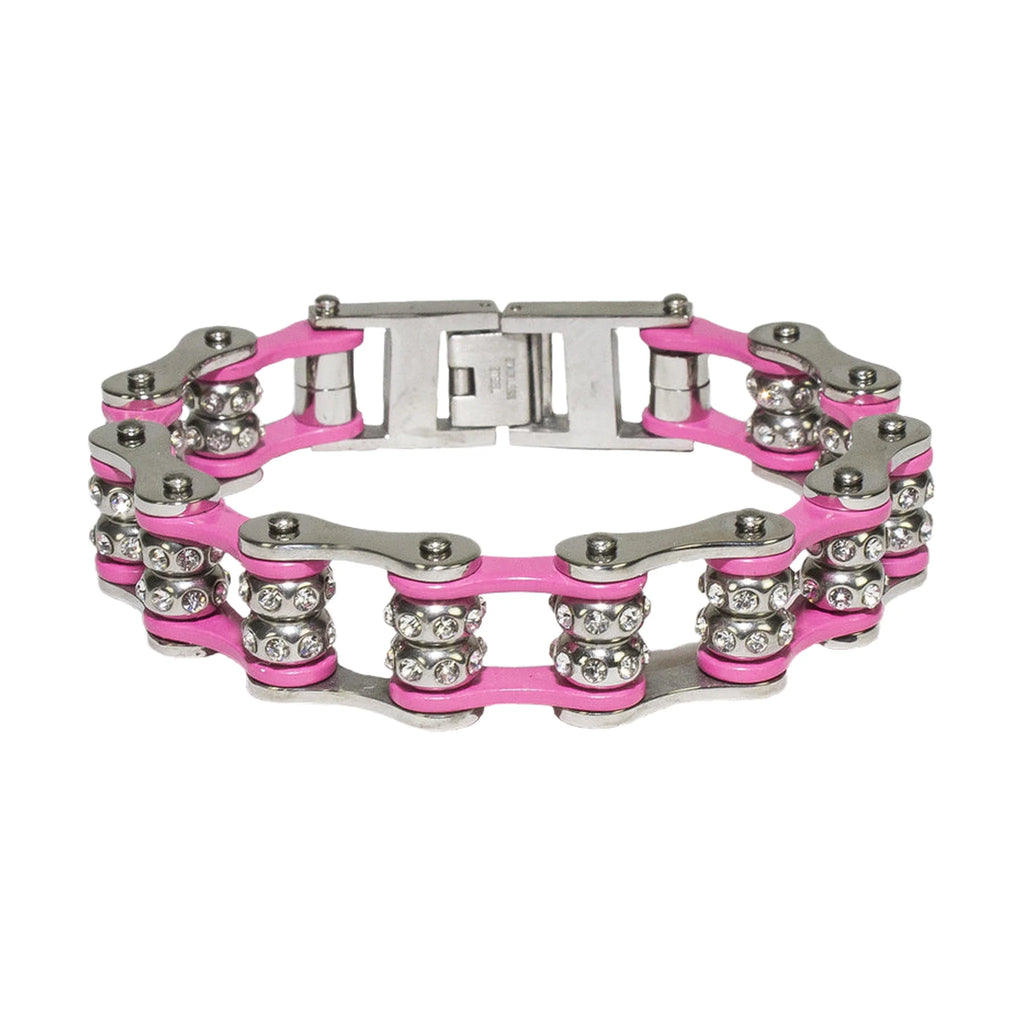 Pink Motorcycle Chain Bracelet with Gemstones