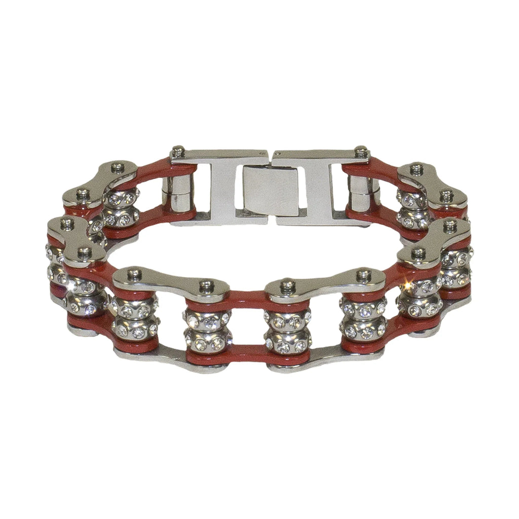 Red Motorcycle Chain Bracelet with Gemstones