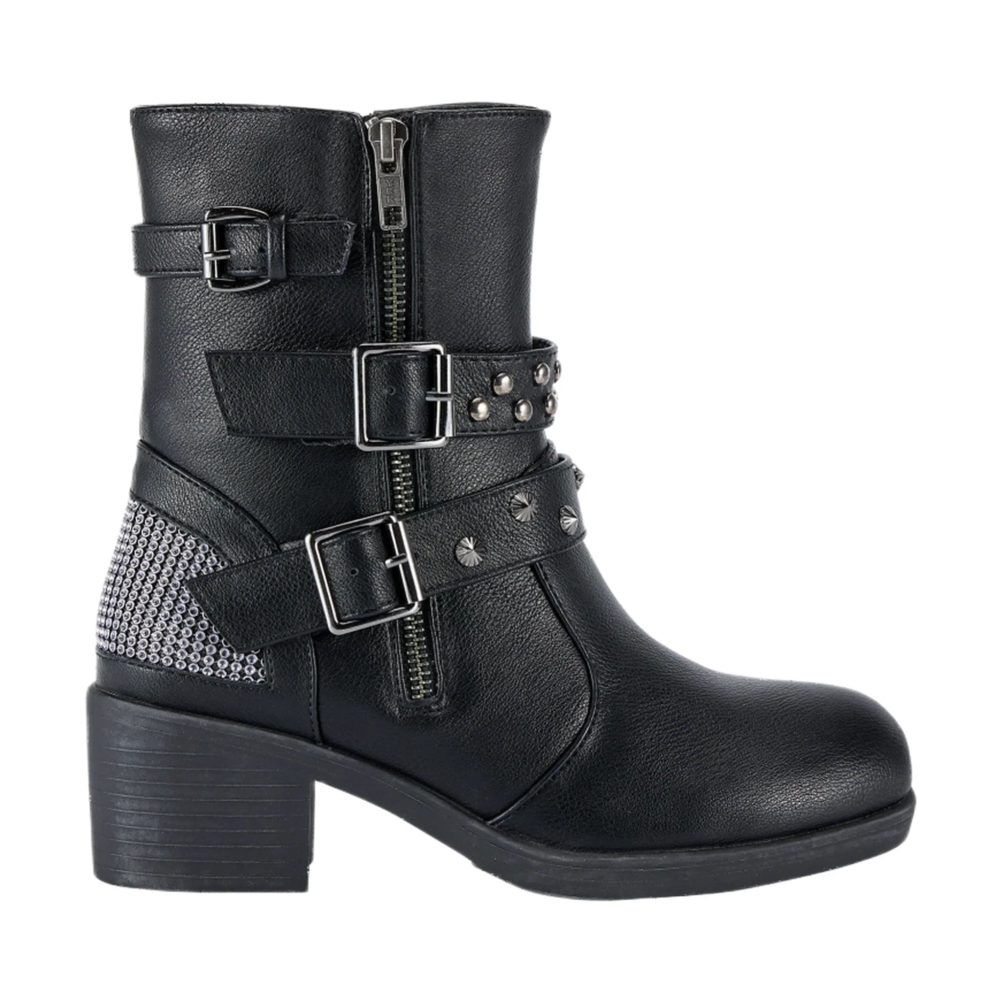Ladies Zippered Black Multi-Studded Buckle Boots By Dream Apparel