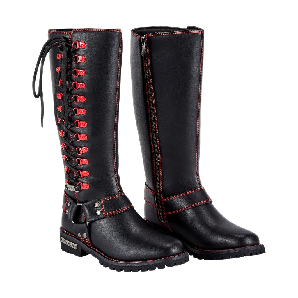 Dream Apparel Women Biker Black Long Boots with Red Laces