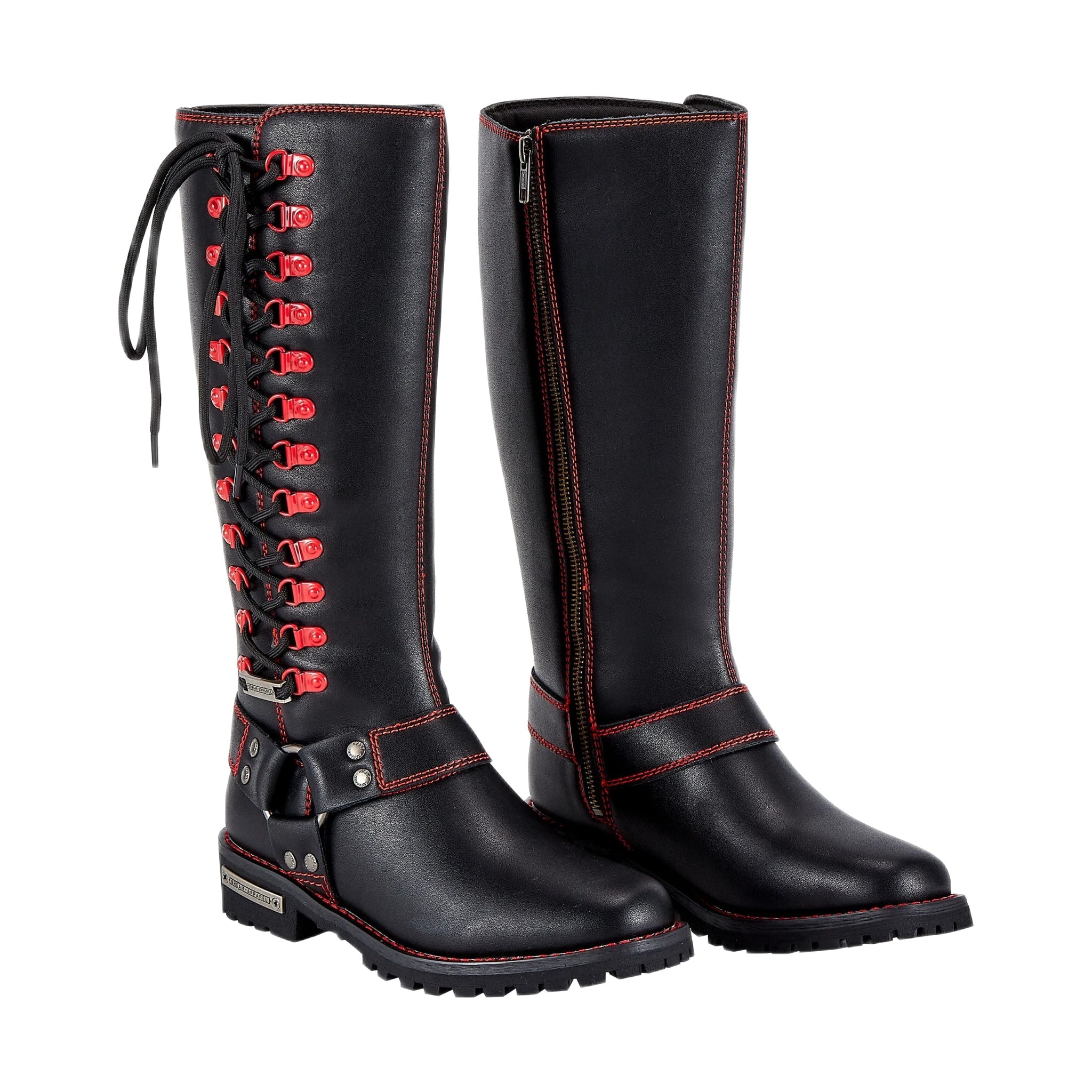 Dream Apparel Women Biker Black Long Boots with Red Laces