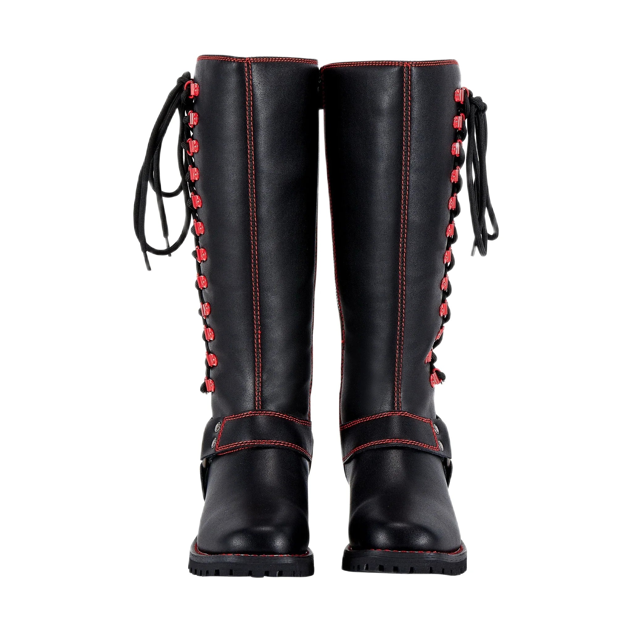 Dream Apparel Women Biker Black Long Boots with Red Laces
