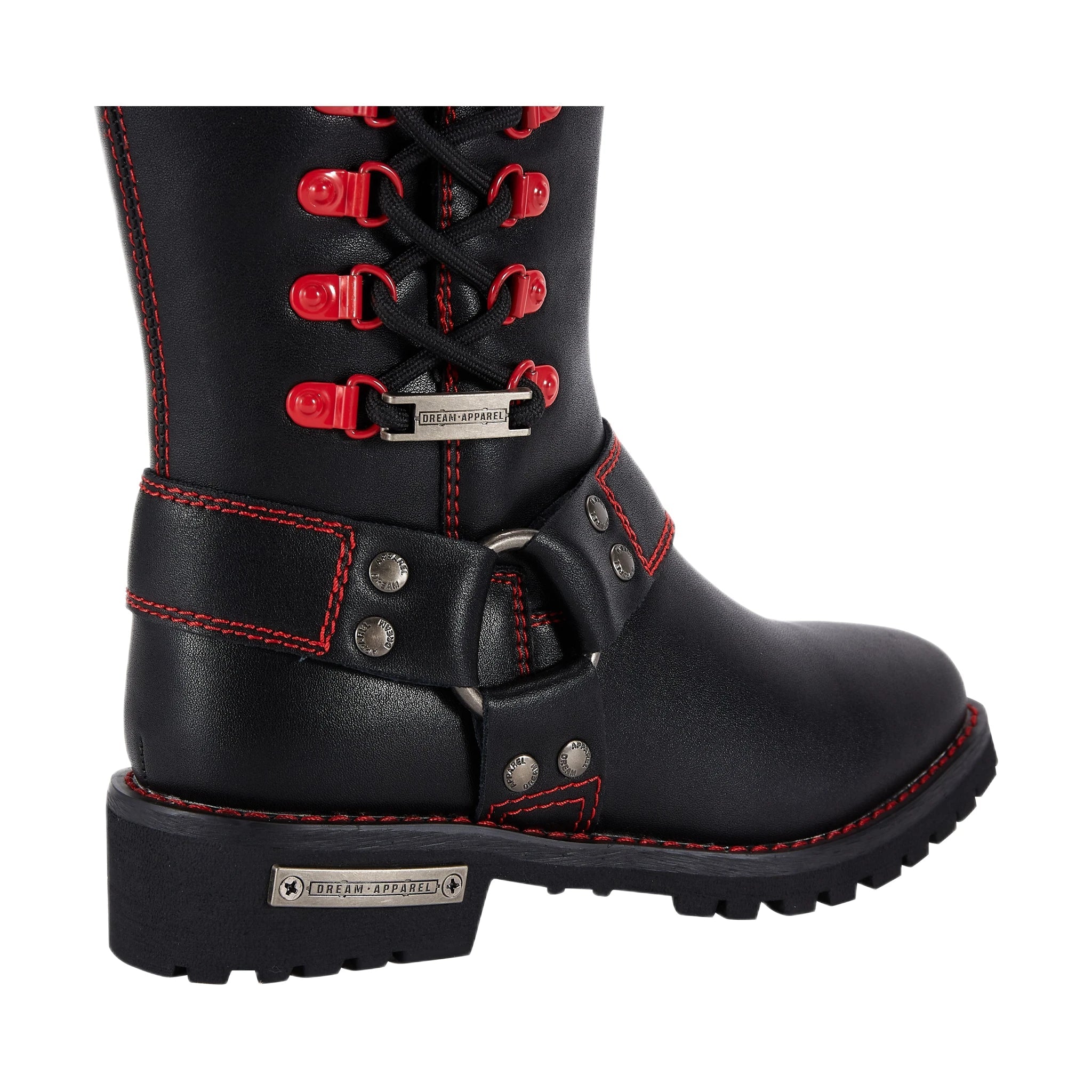 Dream Apparel Women Biker Black Long Boots with Red Laces
