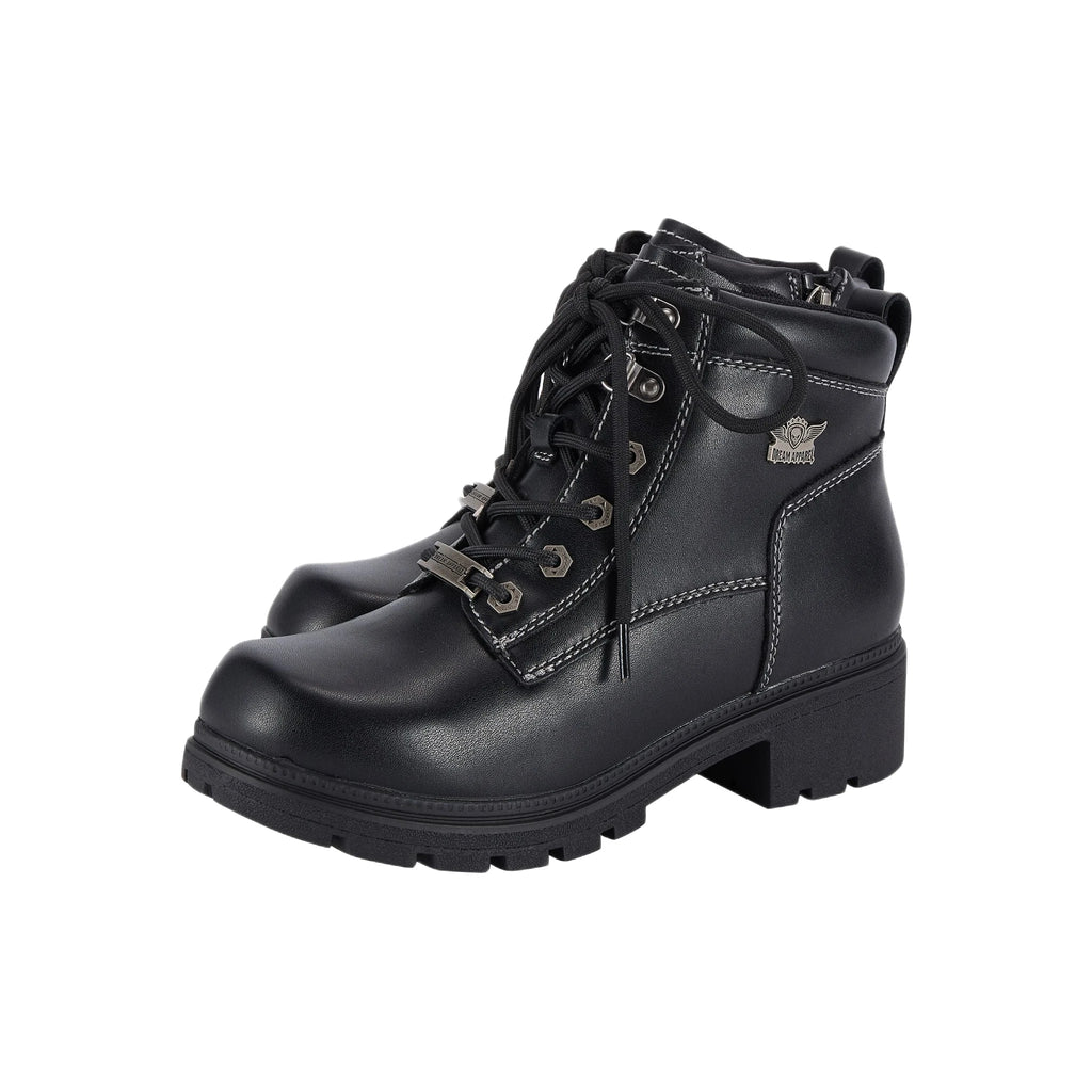 Dream Apparel Women's Lace Up Motorcycle Riding Boots YKK Zipper Black Faux Leather Ankle Biker Boot
