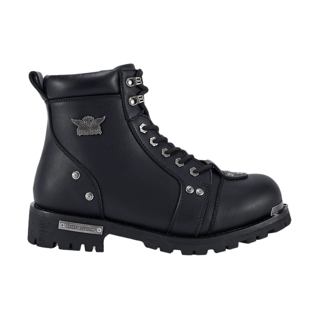 Dream Apparel Men's Motorcycle Riding Boots Waterproof Black Faux Leather Side Zipper Low Heel