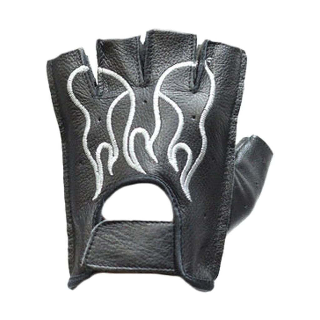 Fingerless Gloves White Flames Biker Style Comfort Grip