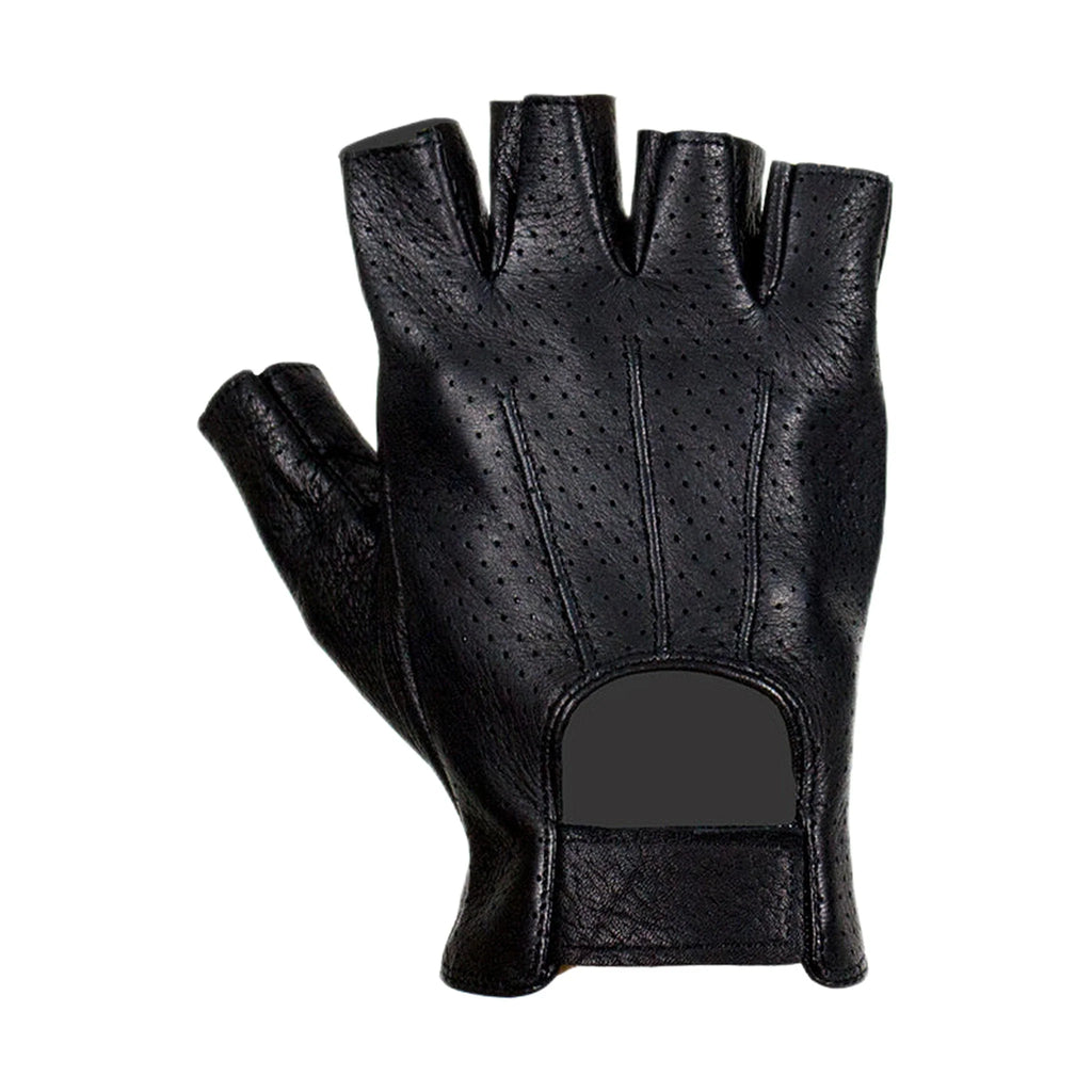 Deer Skin Leather Fingerless Riding Gloves Black Padded Wrist Strap Breathable
